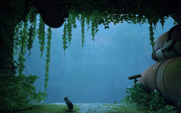 A cat sits in a lush, overgrown environment with pipes and greenery around.
