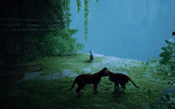 Three cats stand on green moss and foliage near an edge, with misty blue background.