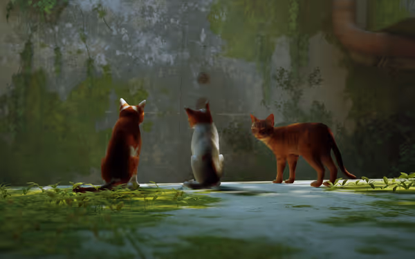 Three cats sit in a mossy stone archway with vegetation and old walls.