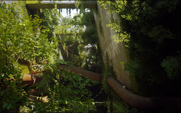 A lush overgrown concrete shaft with thick vines, pipes, and sunlight shining from above.