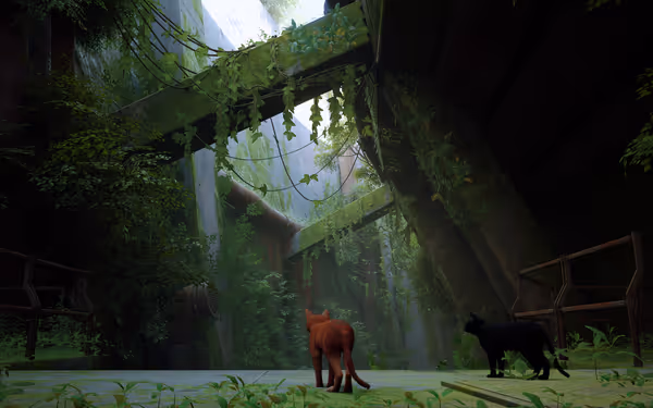 A brown cat and black cat stand in an abandoned, overgrown structure filled with greenery.