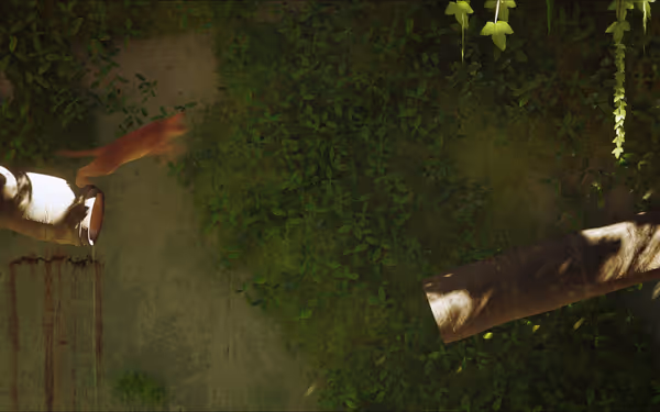 An orange cat leaps between two rusty pipes surrounded by green foliage.