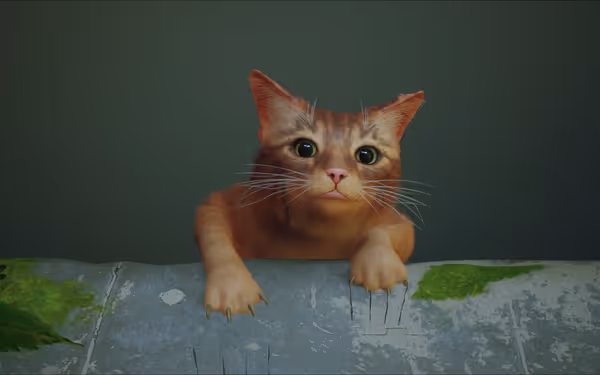 A curious orange cat with large eyes is peeking over a ledge with green leaves.