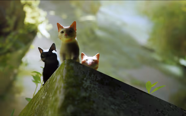Three small cats, one black and two orange, curiously peer over a mossy ledge.