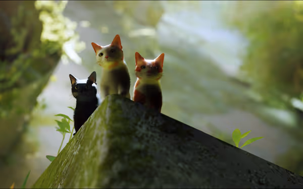 Three cats, a black, a gray, and an orange tabby, stand alert on a leafy ledge.
