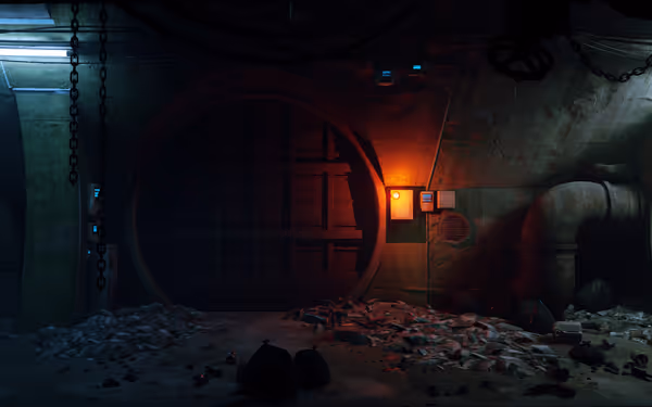 A large round metal door in a dimly lit tunnel, surrounded by debris, pipes, and garbage bags.