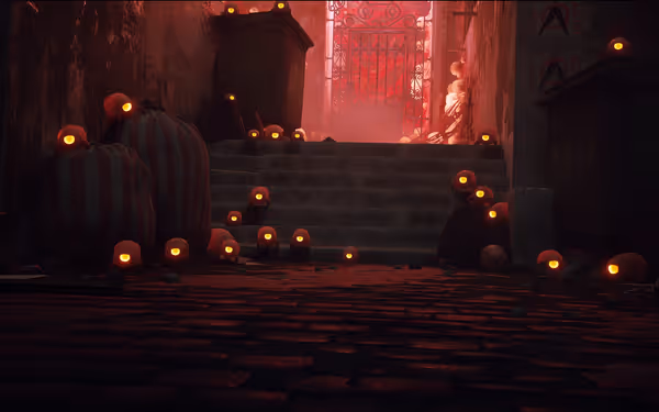 Glowing-eyed creatures surround trash bags and stairs in a dim, eerie alleyway.