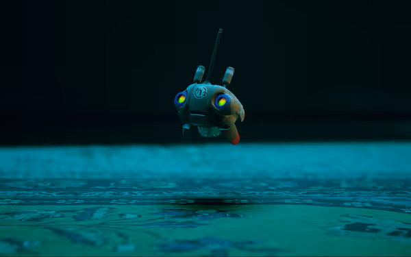 A small hovering robot with blue lights floats above illuminated floor markings in darkness.