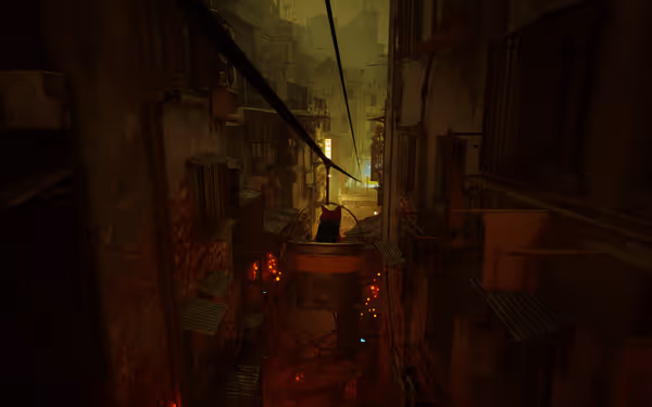 A cat rides in a bucket suspended over a narrow alleyway, surrounded by dimly lit buildings.