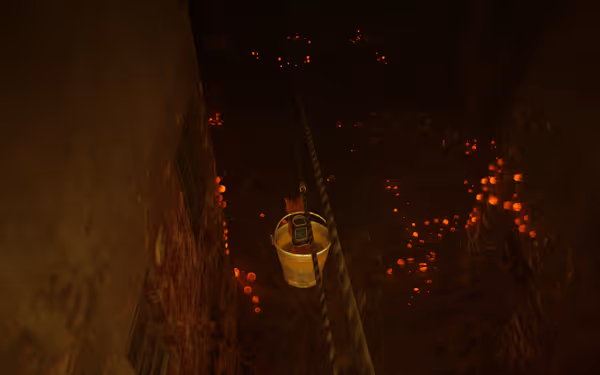 A cat in a bucket travels along a cable above glowing orange creatures.