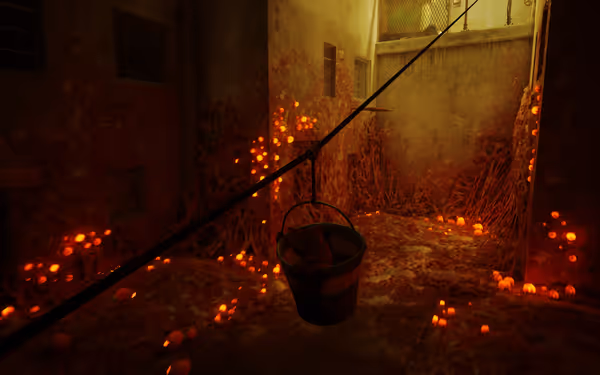 A cat sits inside a bucket suspended by a cable above glowing red fungus.