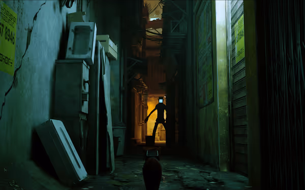 Narrow neon-lit alley with a cat facing a humanoid figure with a screen head.