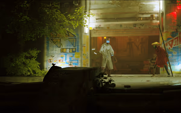 A cat observes two robots outside a brightly lit, graffiti-covered building entrance at night.