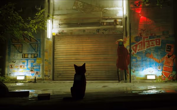 A cat with a device sits facing a robot in a cloak near a closed gate.