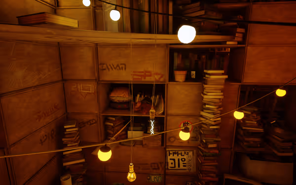 Stacks of books fill wooden shelves lit by warm bulbs, with graffiti marking the walls.