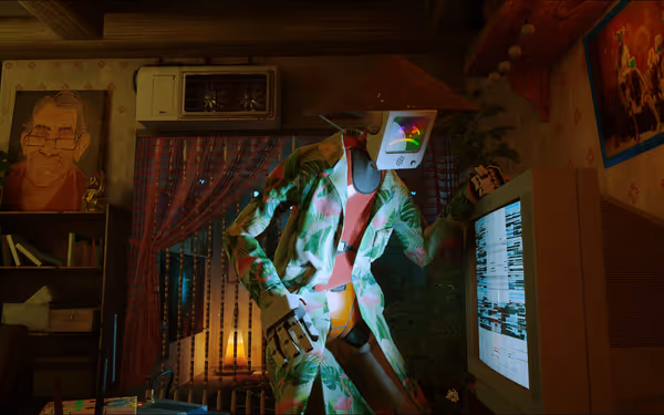 A robot with a monitor head, wearing a straw hat and floral jacket, stands by a computer.