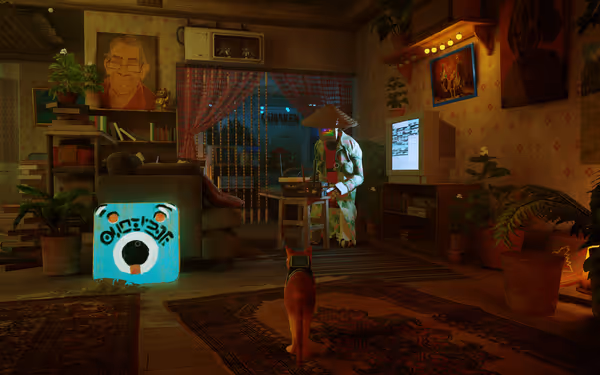 A cat with a backpack enters a cozy room, facing a gardening robot in a hat.