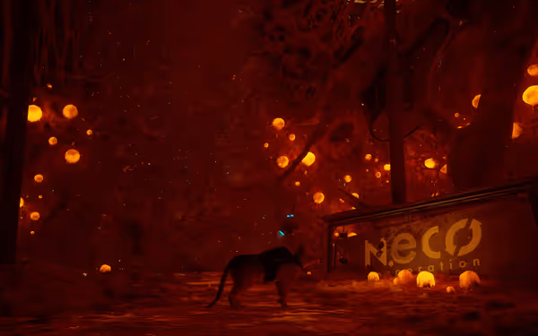 A cat stands in a glowing red cave filled with pulsating orbs.