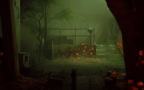 A dark, foggy alley with glowing orange mushrooms, overgrown plants, and a set of stairs.