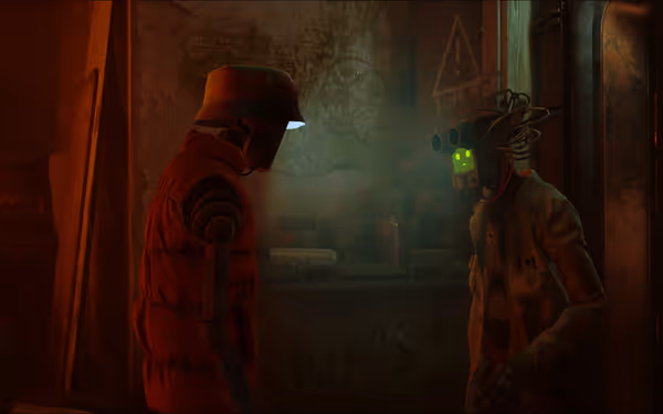 Two robot figures, one with a glowing green face, talk in a dimly-lit room.