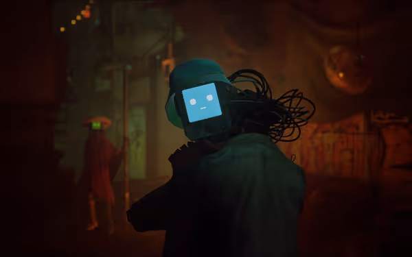 Two robots with lit faces stand in a dim alley, one with cables, one holding a staff.