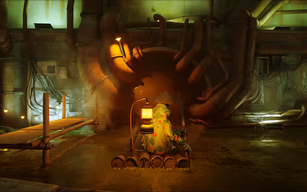 A character in a bright robe and hat floats on a raft in a pipe-filled tunnel.