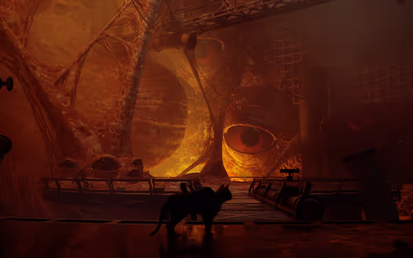 A black cat stands before a surreal wall with giant orange eyes and organic shapes.