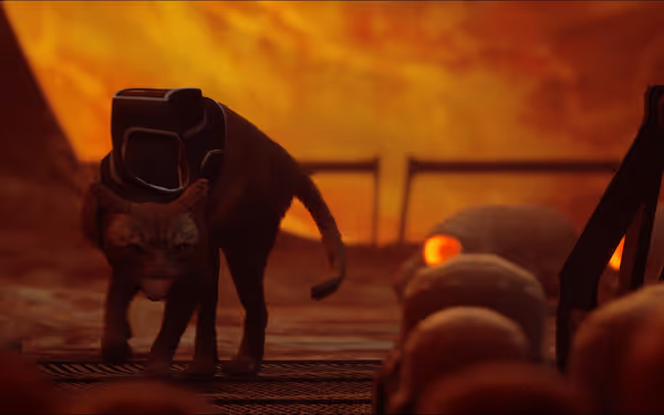 A cat with a small backpack stands in a dark, orange-lit room with strange round creatures.