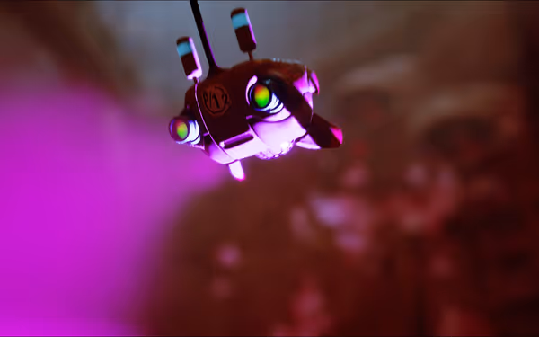A small floating robot with glowing green eyes and antennas hovers in pink light.