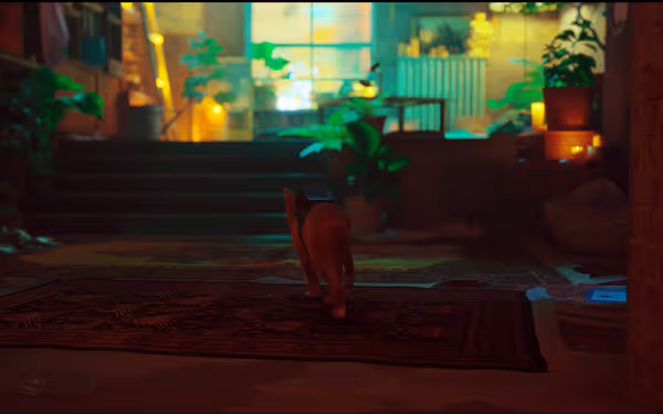 A small orange cat with a device on its back walks down a cozy, plant-filled hallway.