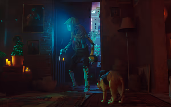 A robot with a glowing face and hat stands near a cat wearing a small backpack.