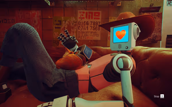 A person sits in a reclining chair using a laptop, with a robot displaying a heart nearby.