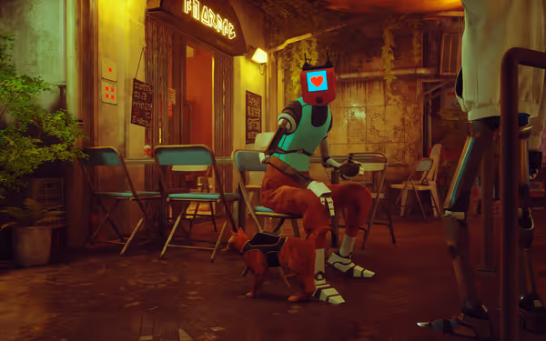 A robot with a heart on its screen sits at a café table, cat nearby.