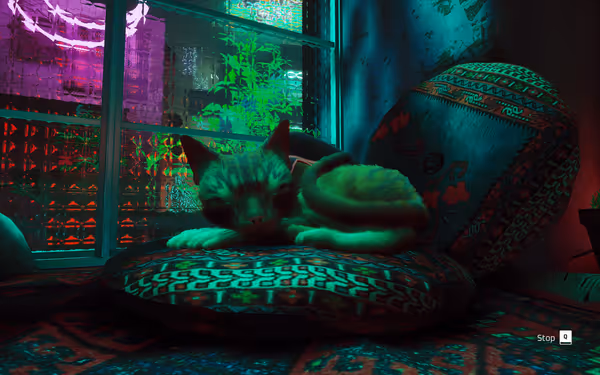A cat is sleeping on a patterned pillow, with colorful neon lights in the background.