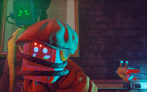 A robot with glowing blue eyes sits in a red hooded robe.