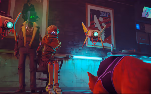 Two humanoid robots and two drones face a cat wearing a harness.