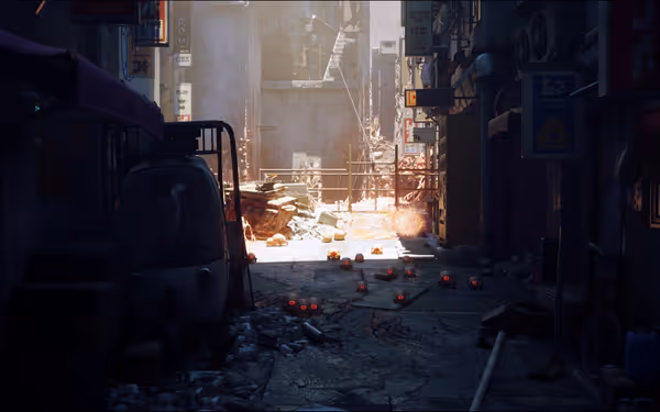 A narrow alleyway with scattered junk is lit by sunlight, small red drones move along the ground.