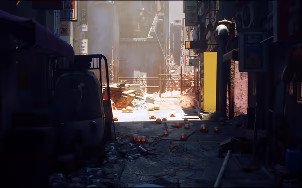 Glowing red-eyed creatures crawl across a littered alley with a three-wheeler and bicycle.