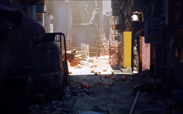 A debris-filled alleyway is lit by sunlight, with small round creatures scattered across the ground.