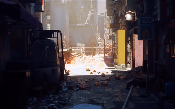 A damaged alley with scattered objects, debris, and glowing red robotic figures in the foreground.