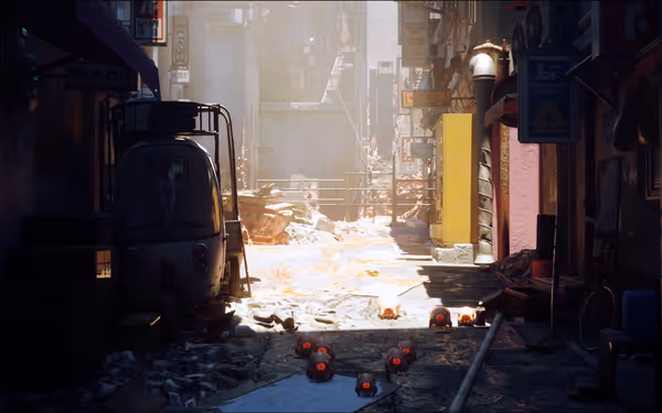 A narrow alley filled with debris and glowing red-eyed robots under harsh sunlight.