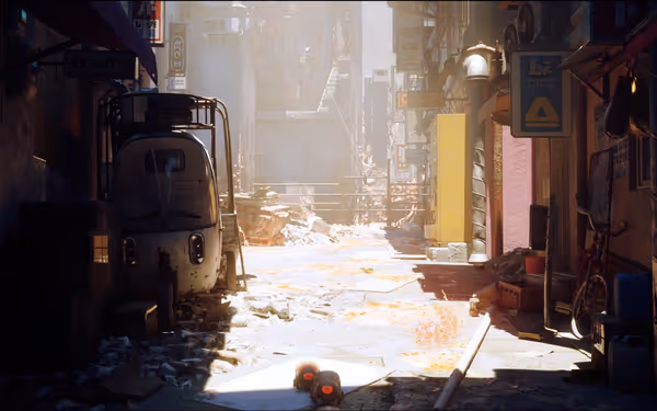 A sunlit alley cluttered with debris, an abandoned vehicle, and two glowing-eyed robots.