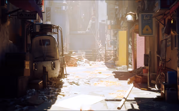 A narrow, litter-filled alleyway with scattered boxes, a small vehicle, and colorful signs