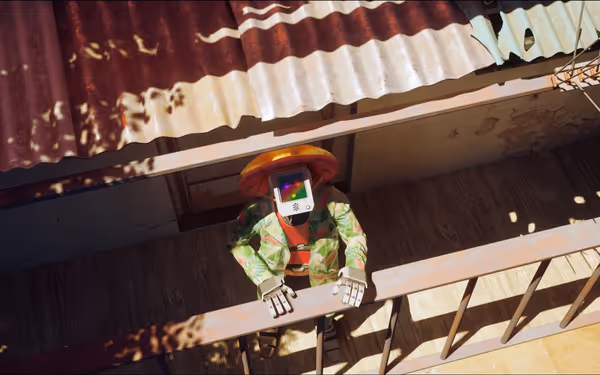 A robot in a tropical shirt and hat stands on a sunlit balcony looking upward.