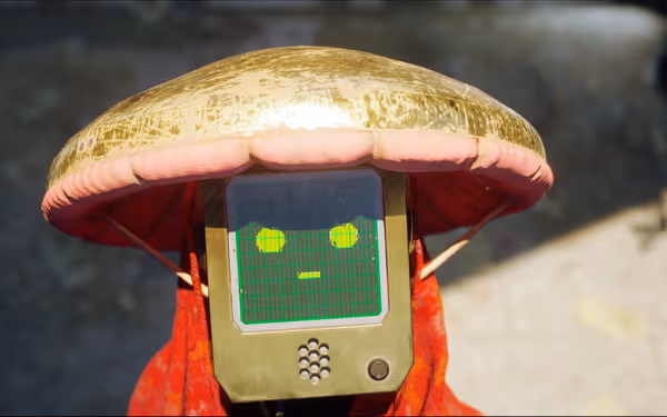 A robot with a screen face displaying a neutral expression, wearing a golden mushroom hat.