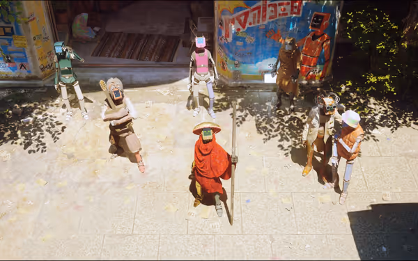 A group of humanoid robots stands in sunlight outside colorful graffiti-covered walls.