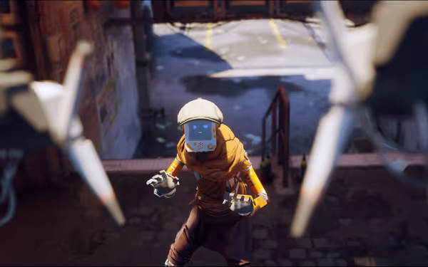 A figure in yellow clothing and a white cap with a blue visor walks among mechanical structures.