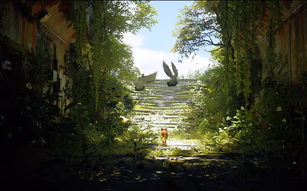 A brown cat walks up sunlit overgrown steps as two white birds fly ahead.