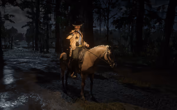 A man on horseback holds a lit lantern in a dark, forested swamp.